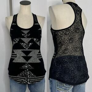 Indie Sleaze Tank Top Lace Sheer Black Grey Aztec Sequin Size Small